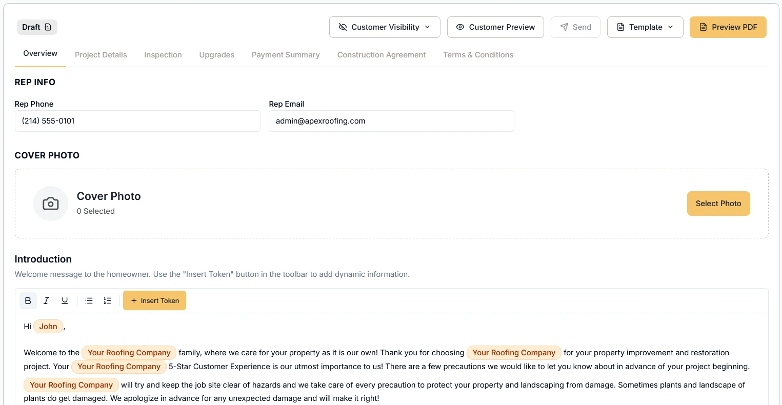 Quote builder with tabs for project details, inspection, upgrades, payment summary, and construction agreement, above a templated introduction to the homeowner.